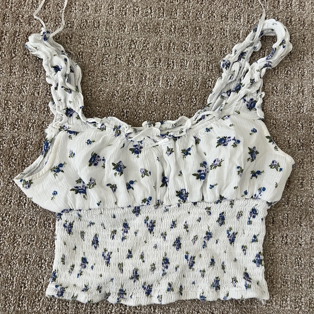 Love Tree White and Blue Floral Crop Top
